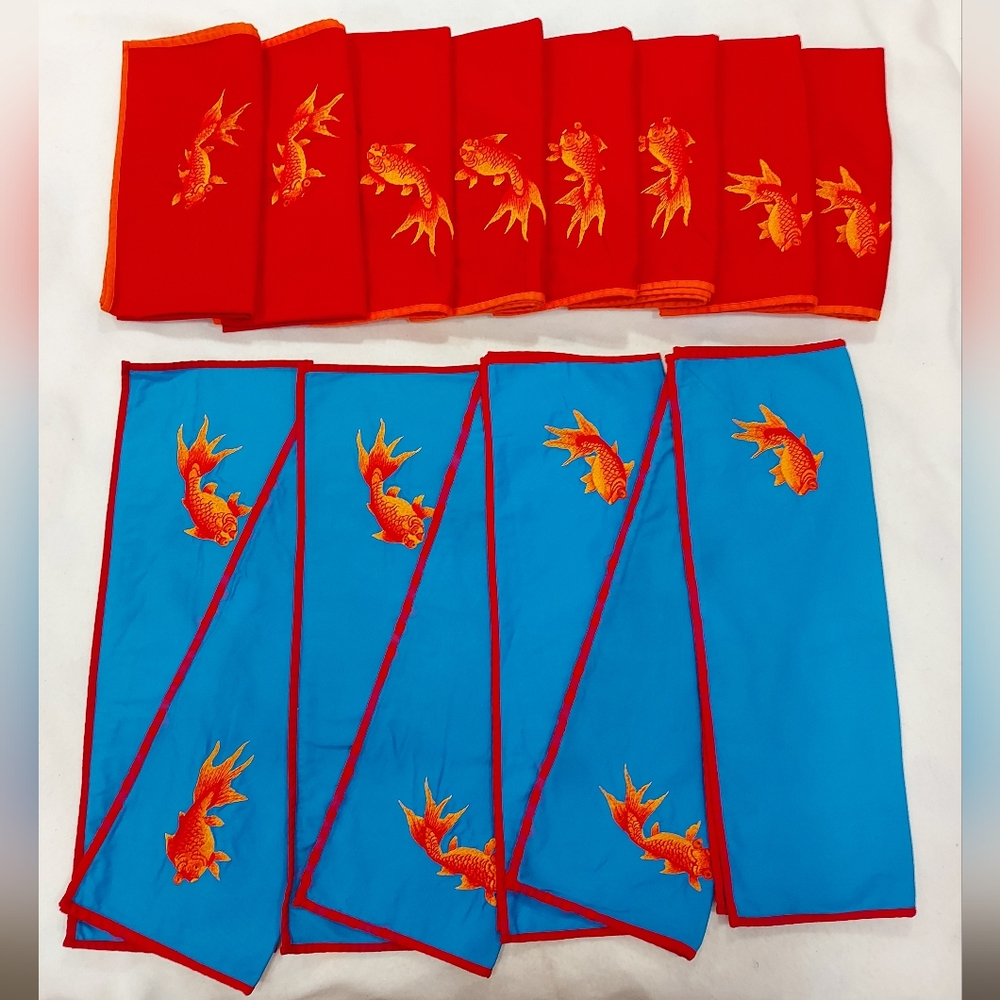 Shanghai Tang Embroidered Blue Placemats & Red Napkins